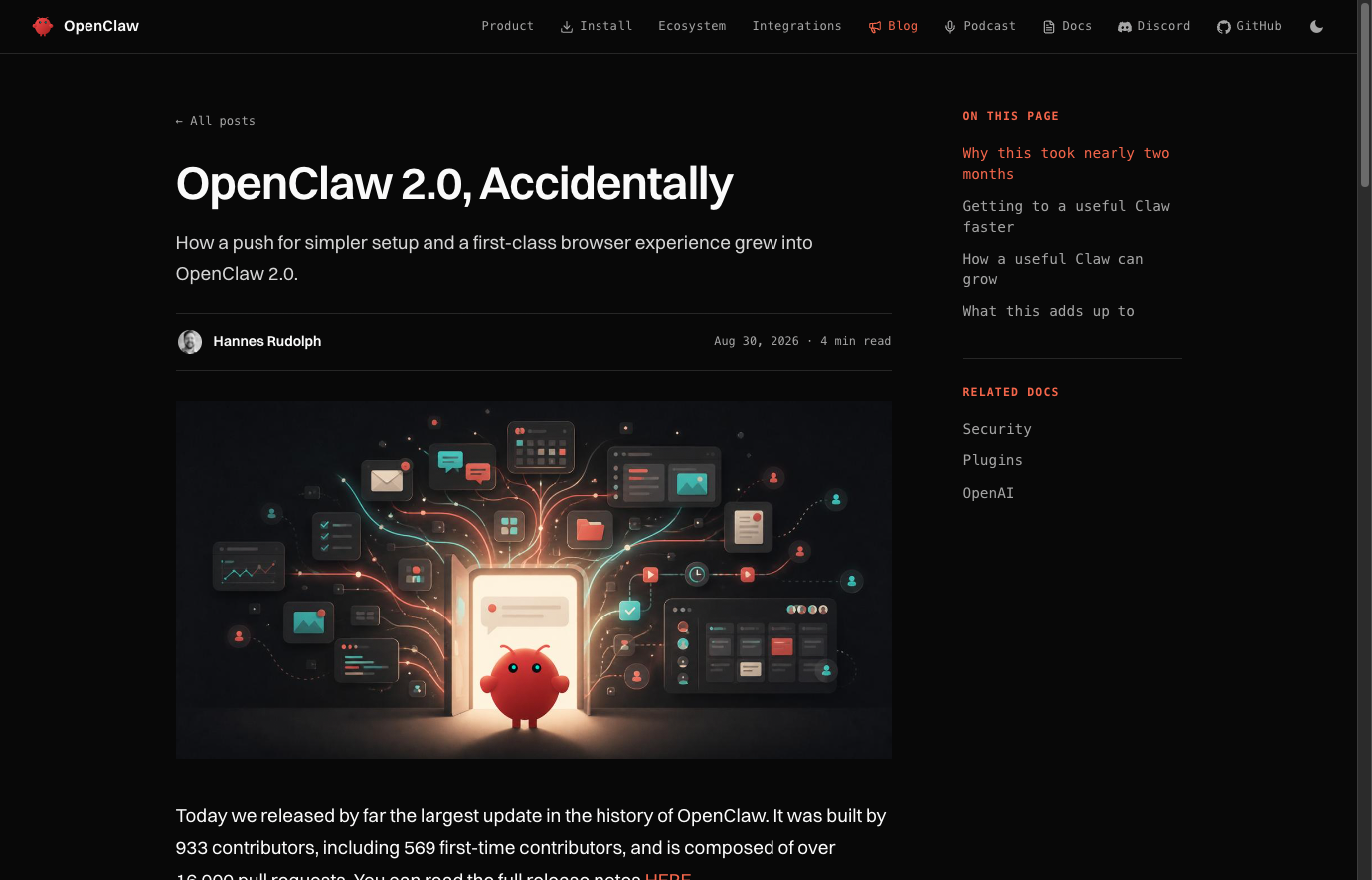 OpenClaw 2.0 Accidentally 官方博客页面