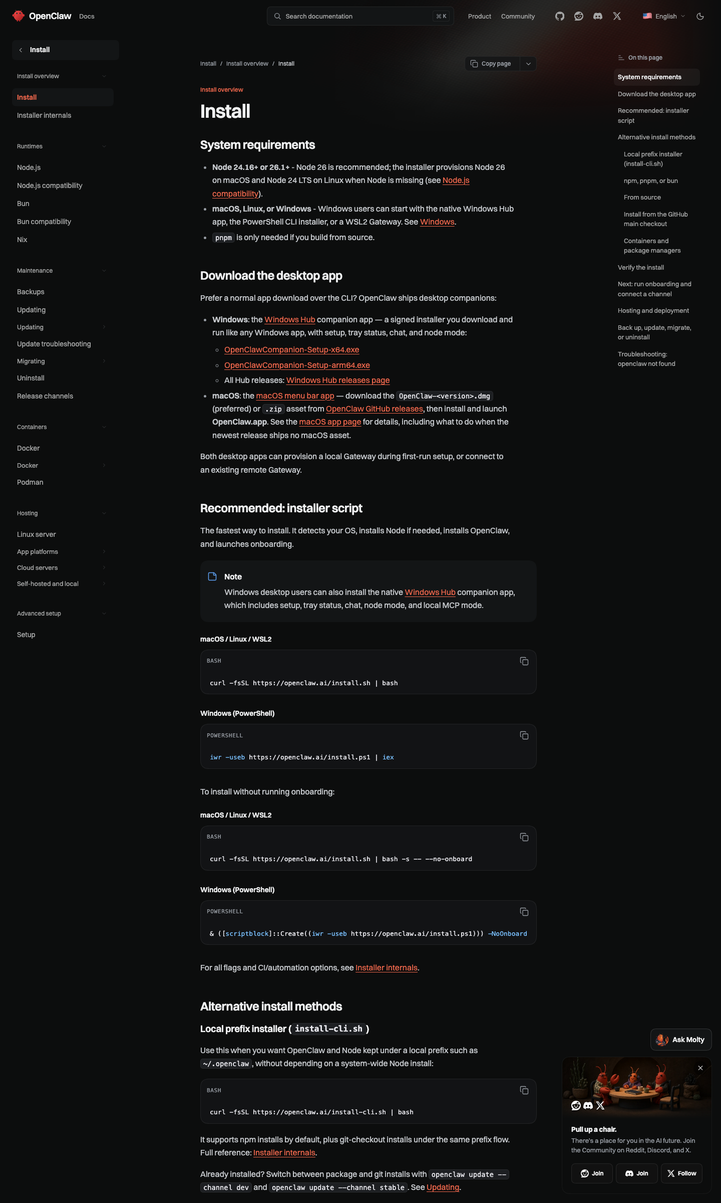 OpenClaw 官方 install 文档页面截图