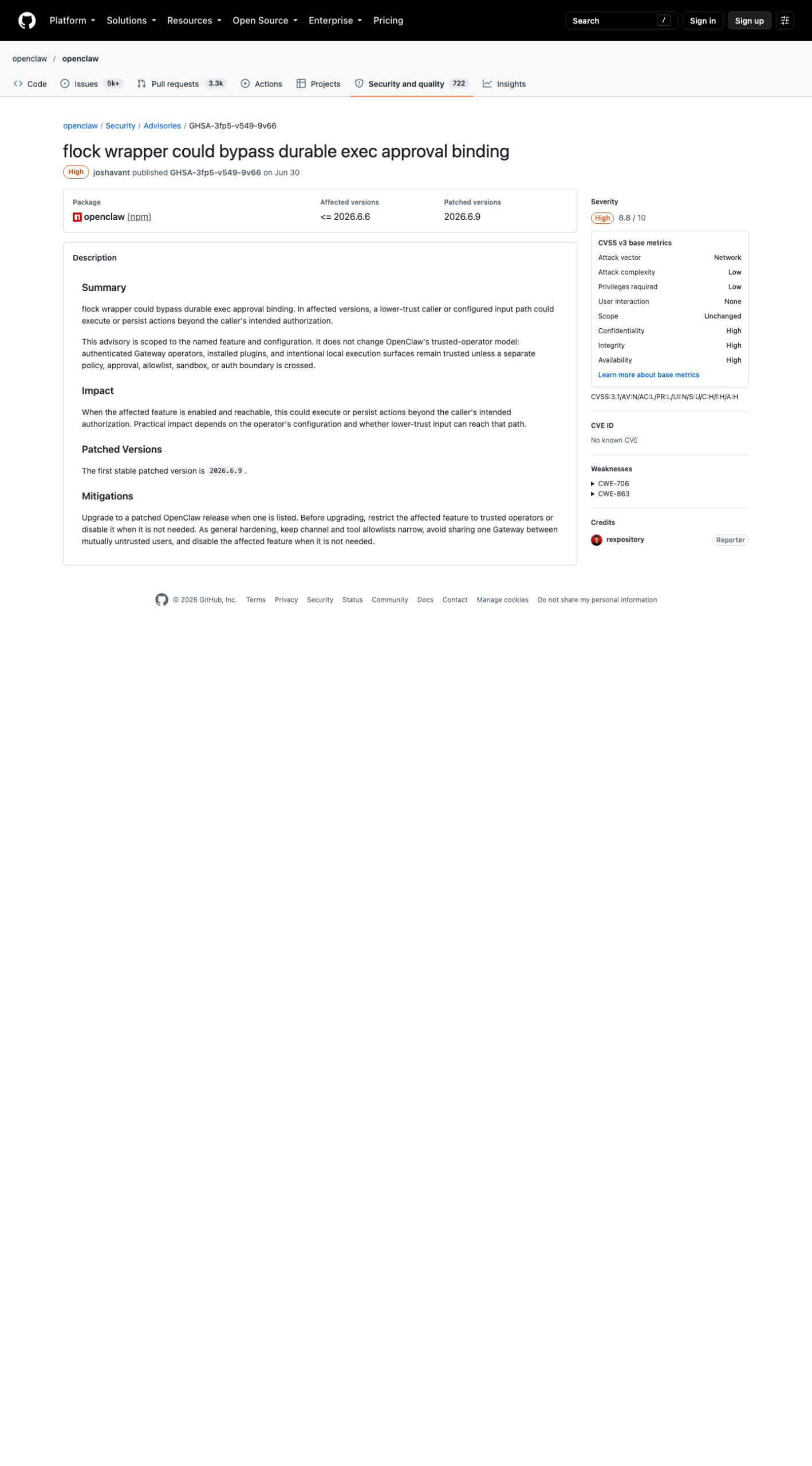 GHSA-3fp5-v549-9v66 公告详情页，CVSS 8.8，Confidentiality/Integrity/Availability 全 High