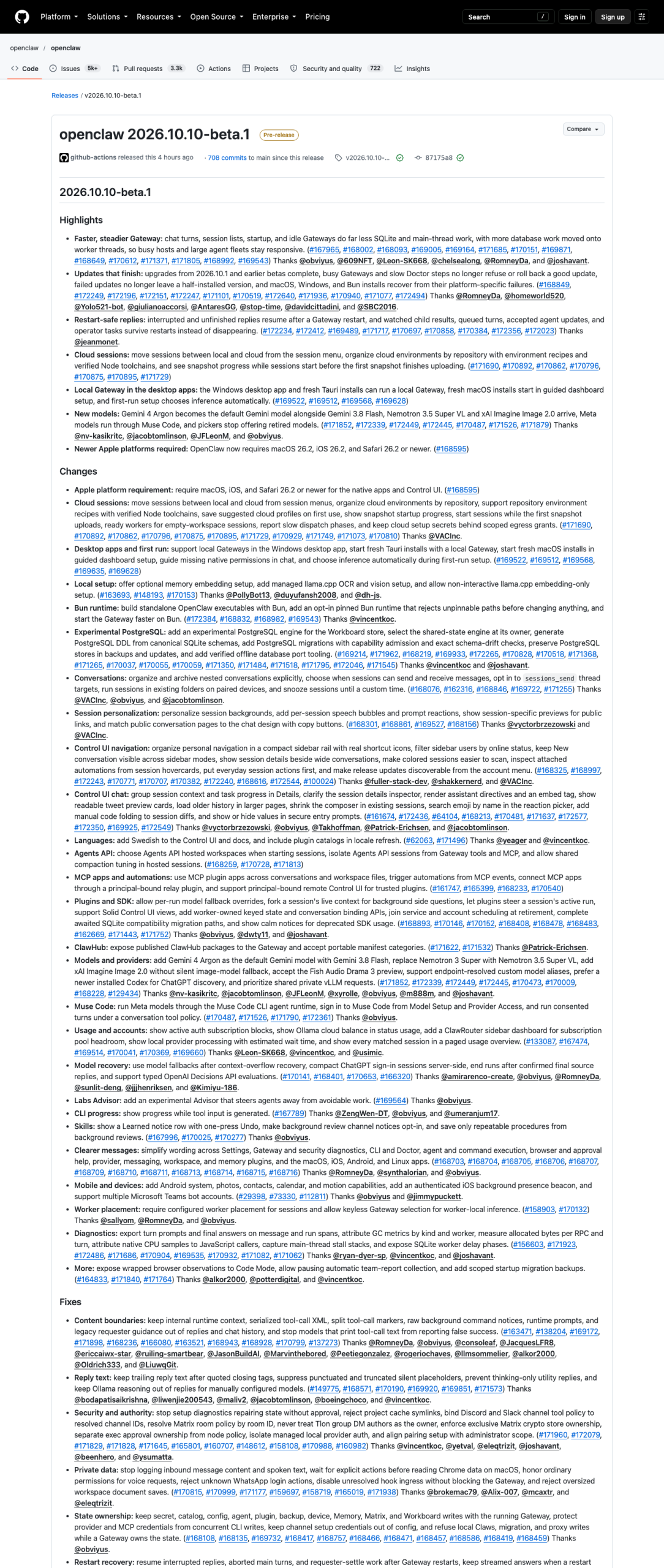 OpenClaw v2026.10.10-beta.1 发布页实拍：全新 beta 链 Highlights 与 Changes（2026-10-16）