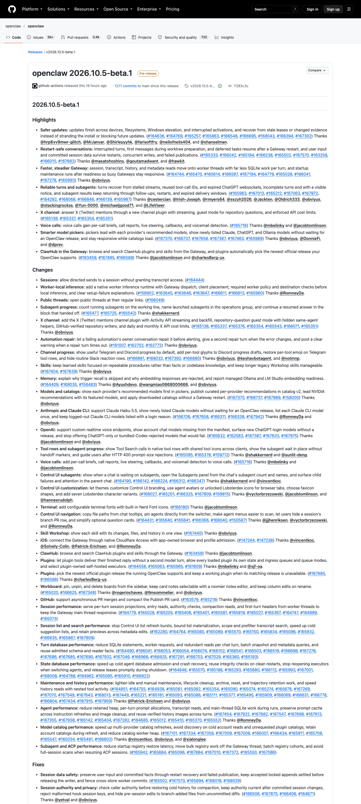 OpenClaw v2026.10.5-beta.1 在 GitHub Releases 顶部：发布日期 2026-10-11（北京时间 21:08），assets 完整 5 个，PR 数 800+、commits 数百