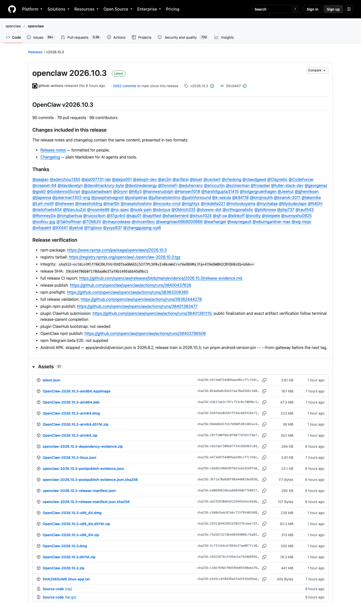 OpenClaw v2026.10.3 官方 GitHub Releases 发布页