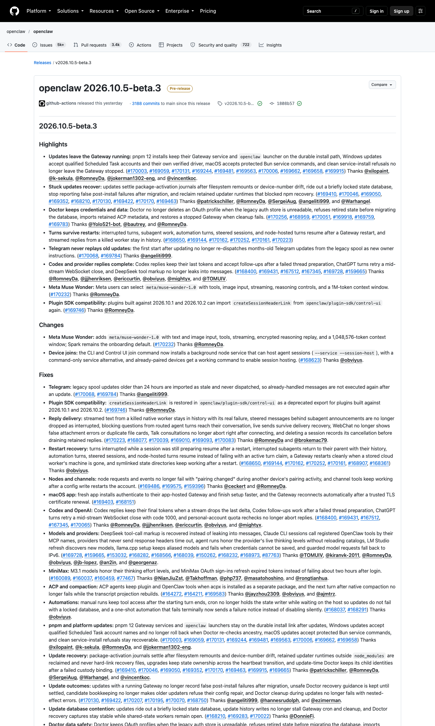 OpenClaw v2026.10.5-beta.3 官方 Release 页实拍