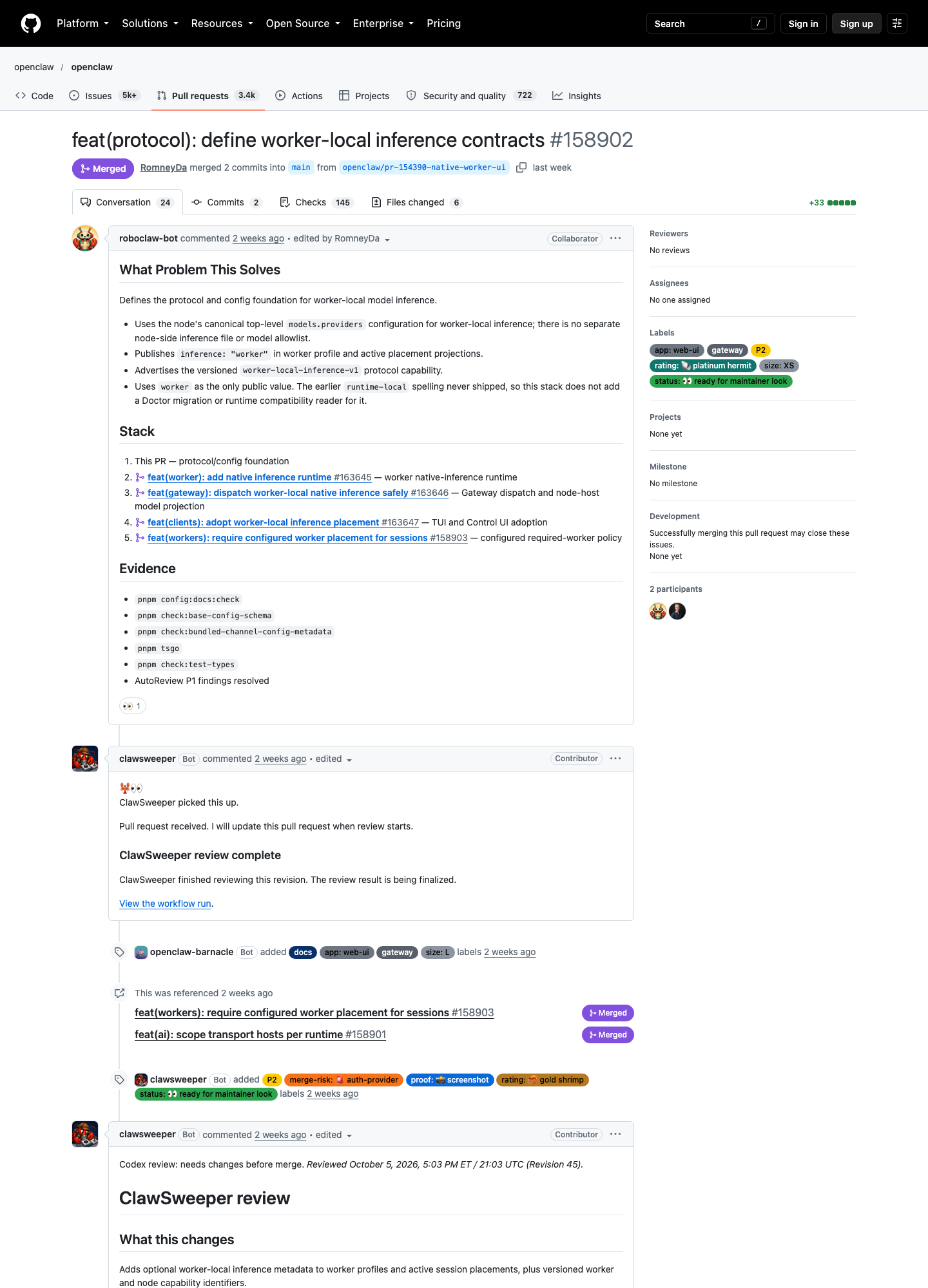 PR #158902 详情页：feat(protocol): define worker-local inference contracts，已 merged，RomneyDa 提交，PR conversation 24 / commits 2 / checks 145 / files changed 6，证据齐全
