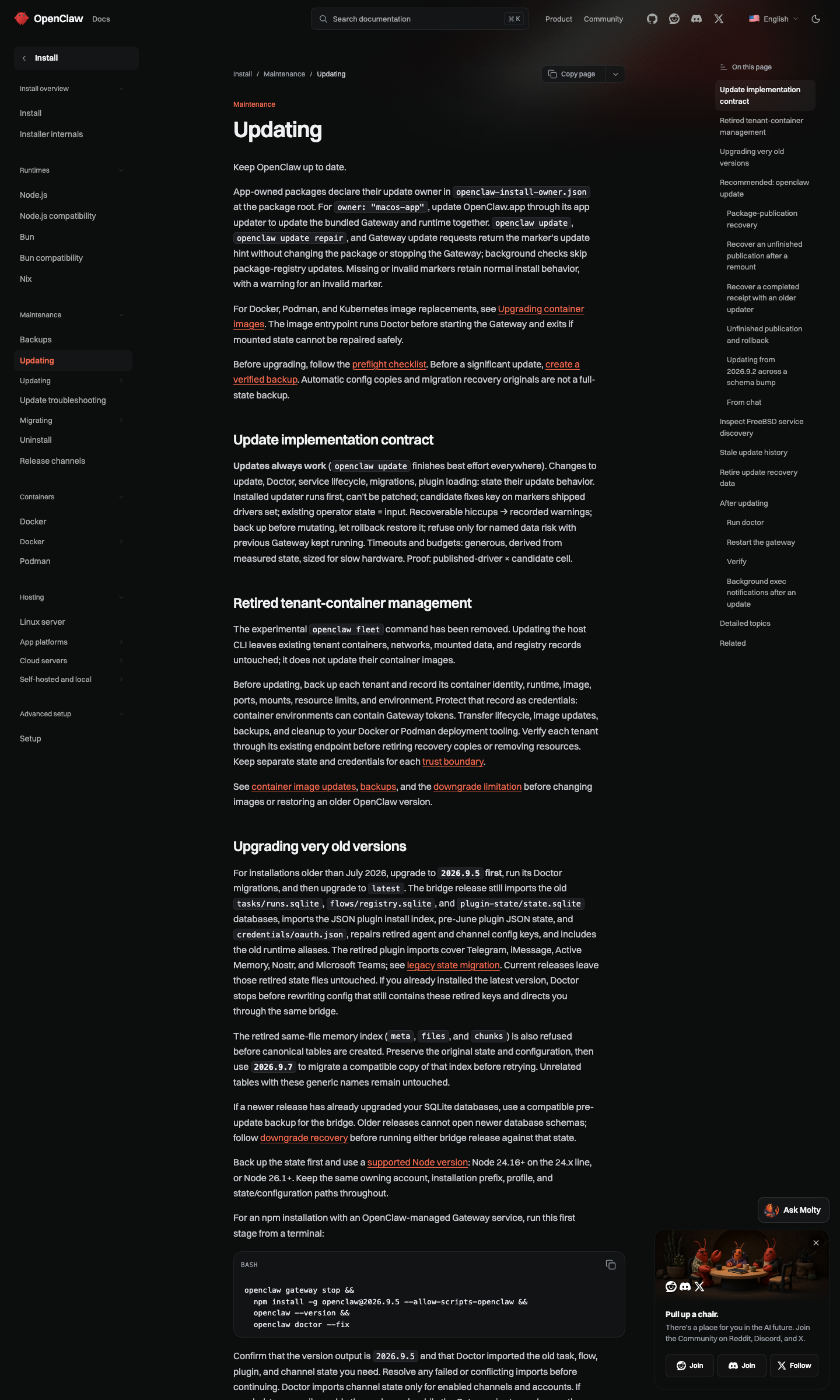 docs.openclaw.ai/install/updating 官方升级文档页
