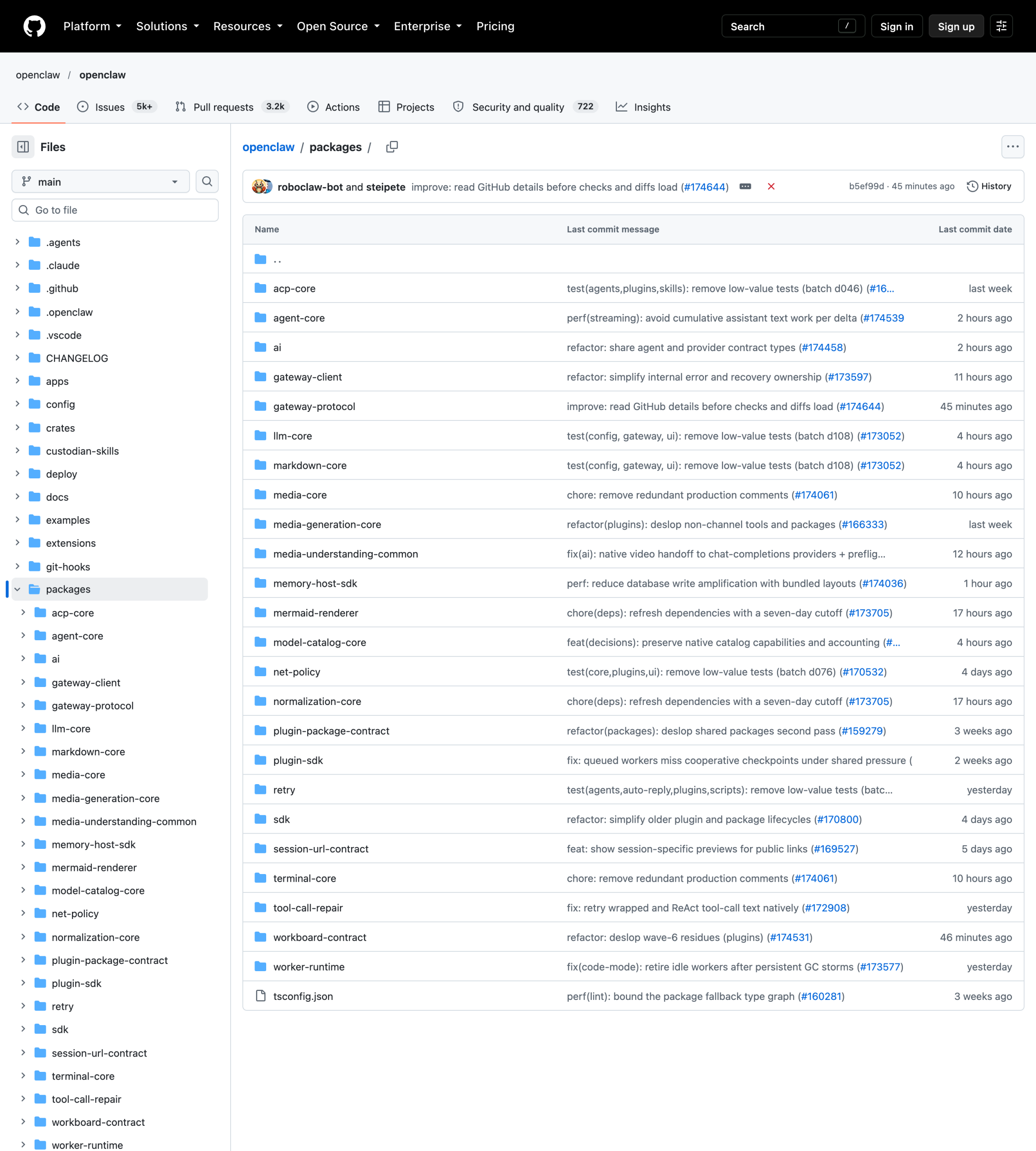 OpenClaw 仓库 packages/ 目录实拍：29 个子包目录，其中 plugin-sdk、plugin-package-contract、sdk 三个直接对应本文讨论的模块面与打包契约