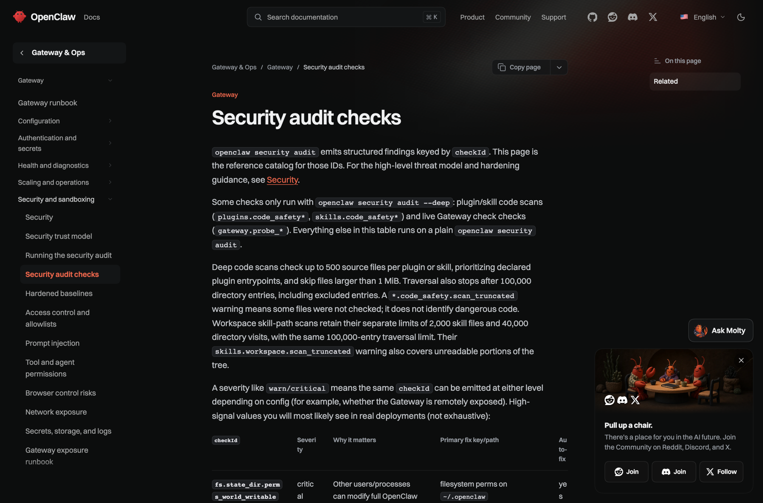 OpenClaw 文档站 Security audit checks 页开头实拍：findings 以 checkId 为键，--deep 才跑 plugin/skill 代码扫描与 Gateway 探针，2026-10-26