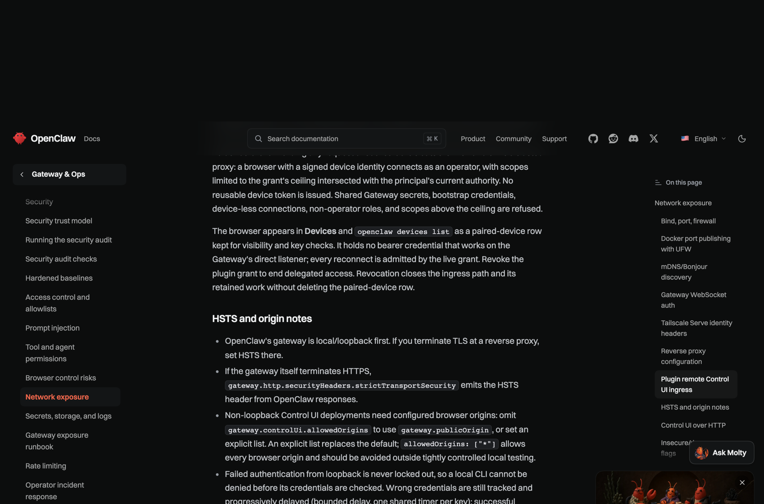 OpenClaw 文档站 Network exposure 页 Insecure/dangerous flags 段落实拍：每个启用的危险开关单独发一条 config.insecure_or_dangerous_flags，2026-10-26