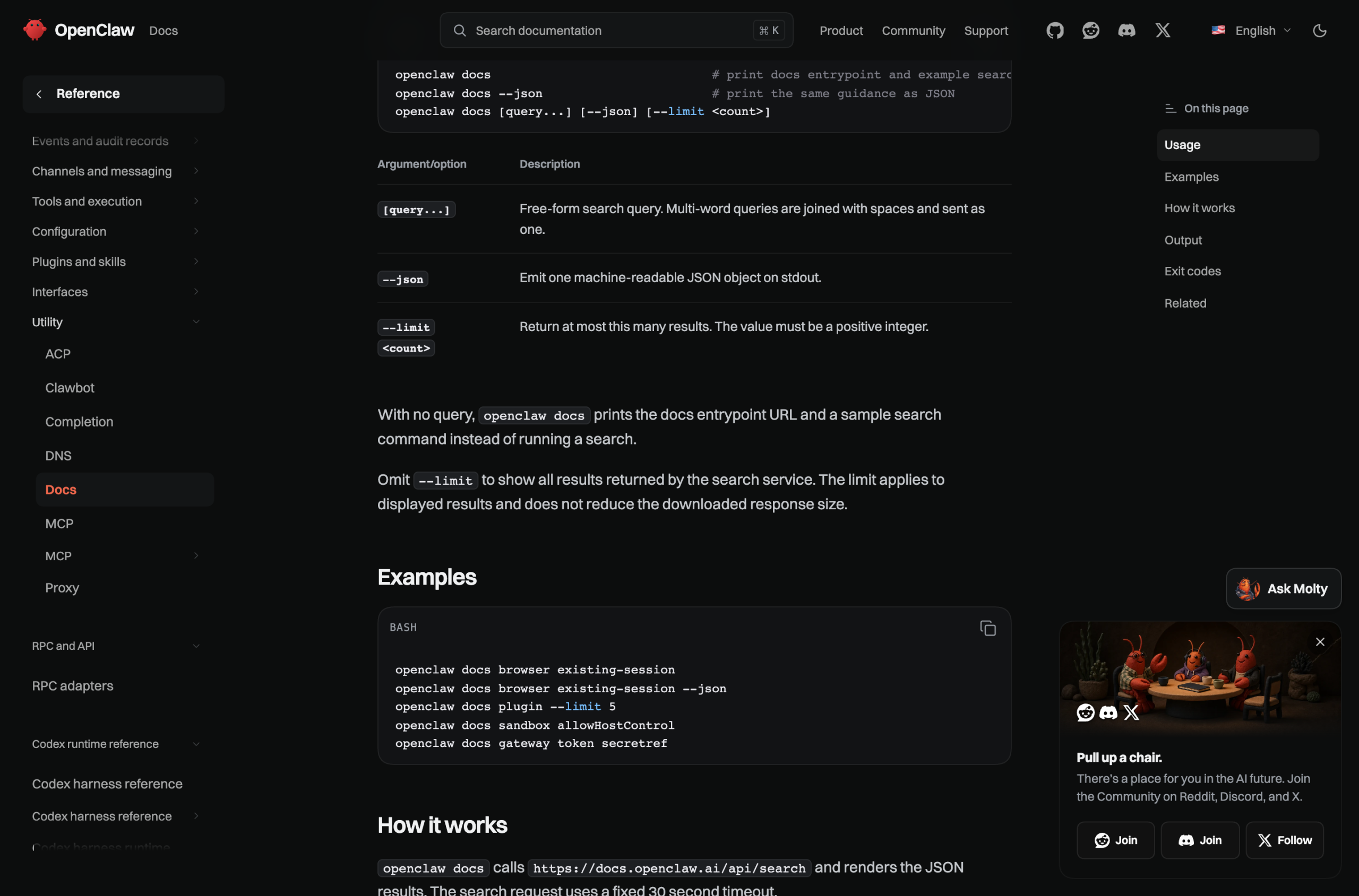 OpenClaw 文档站 CLI Docs 页:说明 --limit 省略时显示搜索服务返回的全部结果,且 limit 只影响显示数量、不减少下载量,截图于 2026-10-27