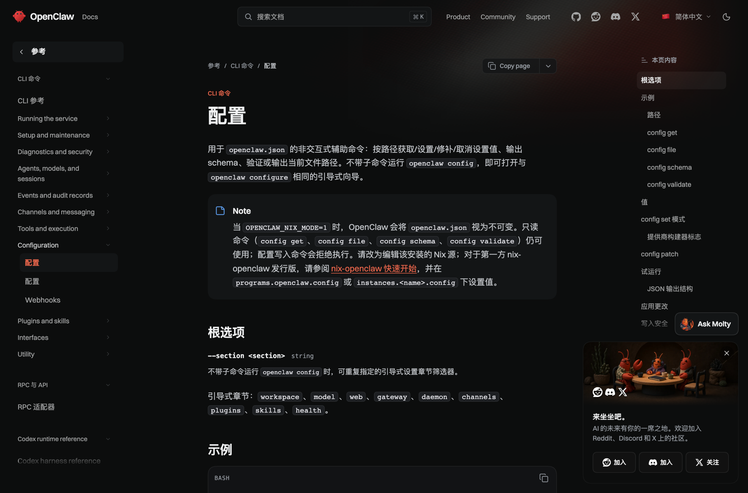 OpenClaw 文档站 zh-CN 版 CLI Config 页:正文已完整翻译为中文,说明中文文档存在但检索不到,截图于 2026-10-27
