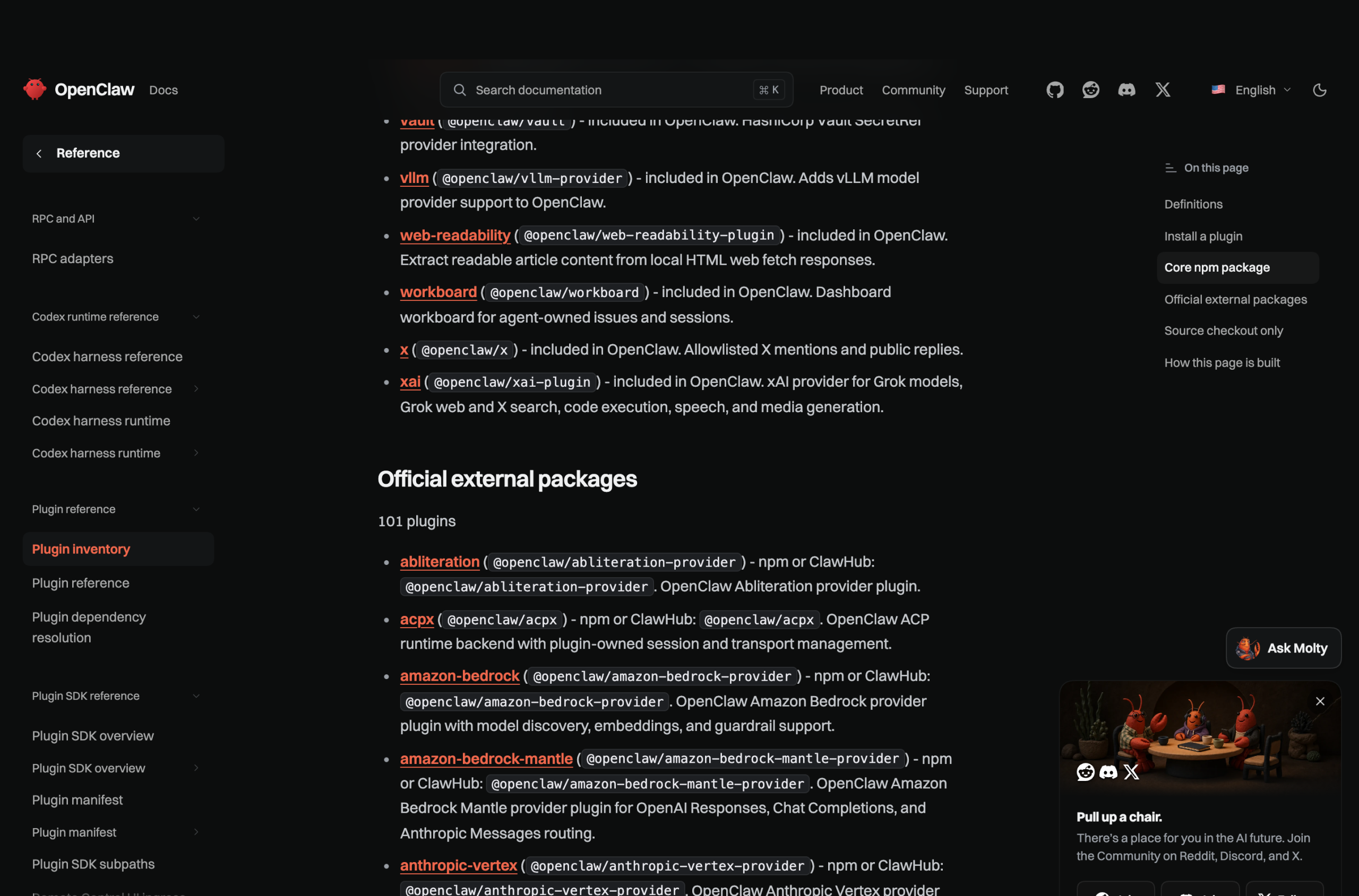 docs.openclaw.ai/plugins/plugin-inventory 「Official external packages」一节写着 101 plugins,条目安装方式为 npm 或 ClawHub