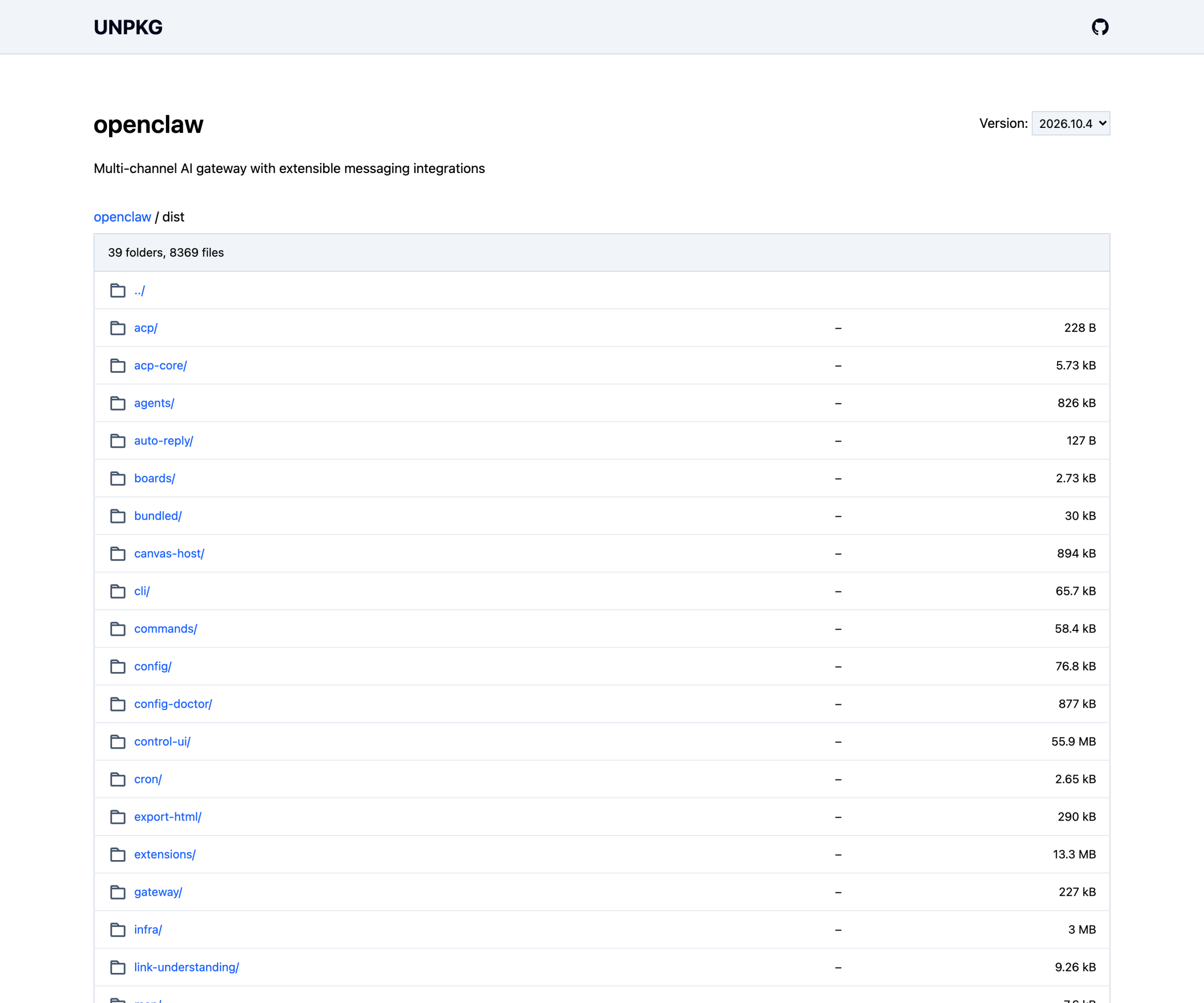 UNPKG 文件浏览器实拍：openclaw@2026.10.4 的 dist 目录，39 个文件夹、8369 个文件，control-ui 55.9 MB、extensions 13.3 MB、infra 3 MB 分列体积前三