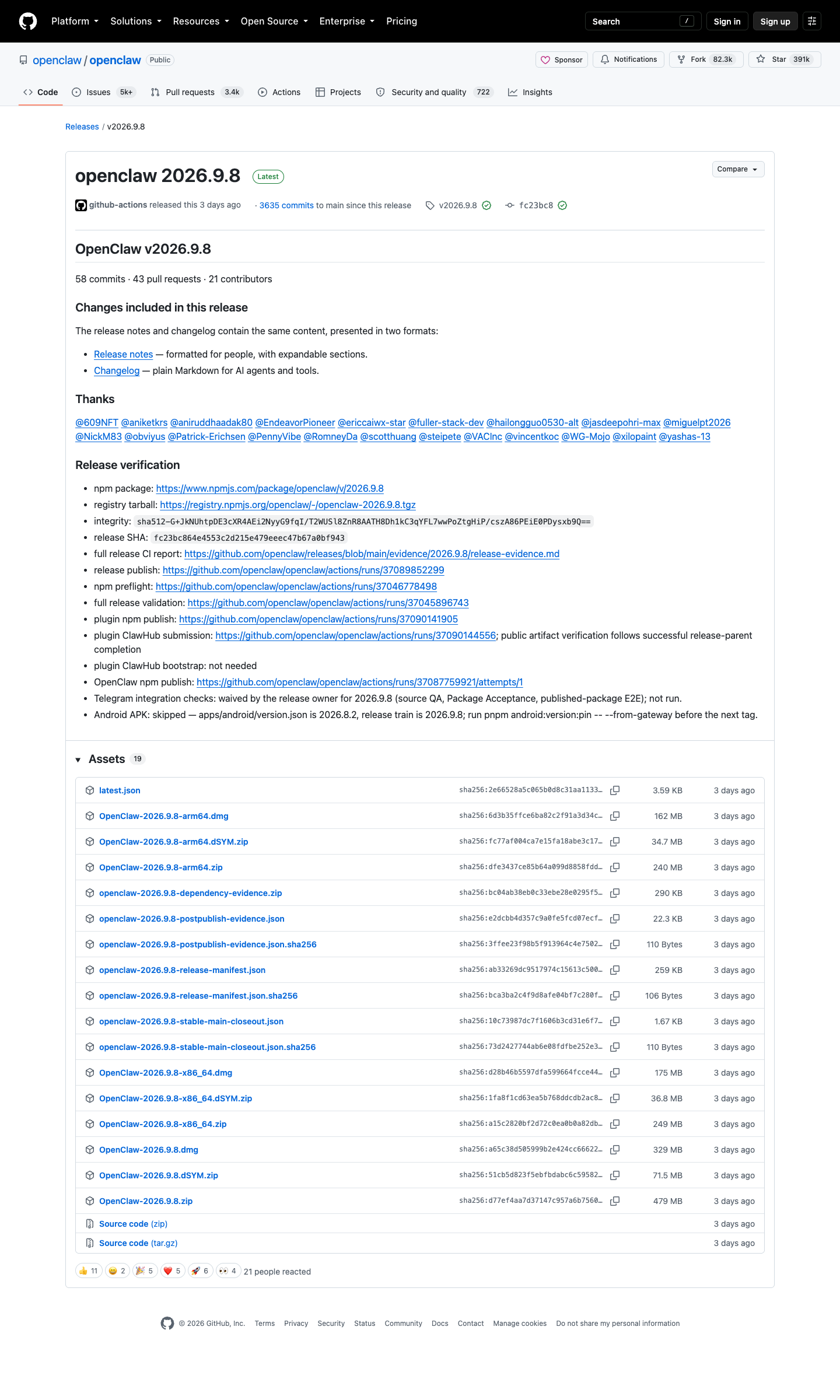 OpenClaw v2026.9.8 GitHub release 页截图（1440×2400，含 release-publication 注释、贡献者列表与 CI 证据链）
