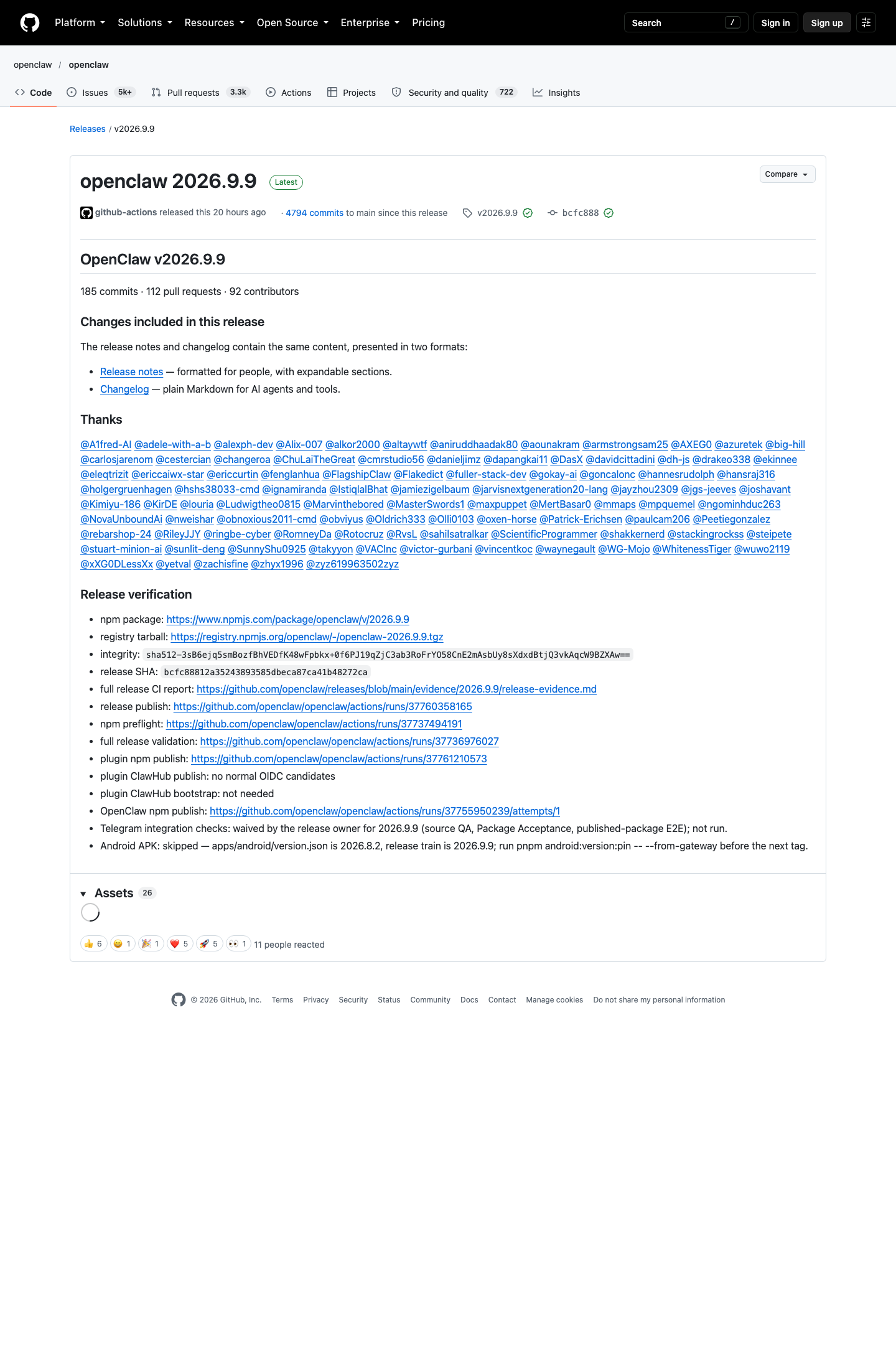 OpenClaw v2026.9.9 release body 12 个 verification 端点实拍