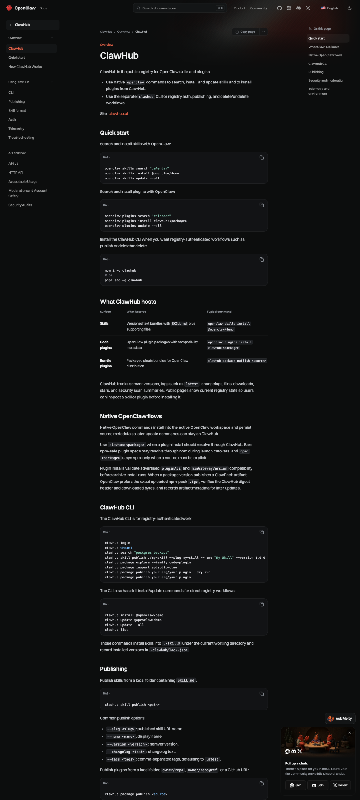 OpenClaw ClawHub 官方文档页截图（1440×3200，含 Quick start、What ClawHub hosts、Native OpenClaw flows、ClawHub CLI、Publishing 5 个章节）