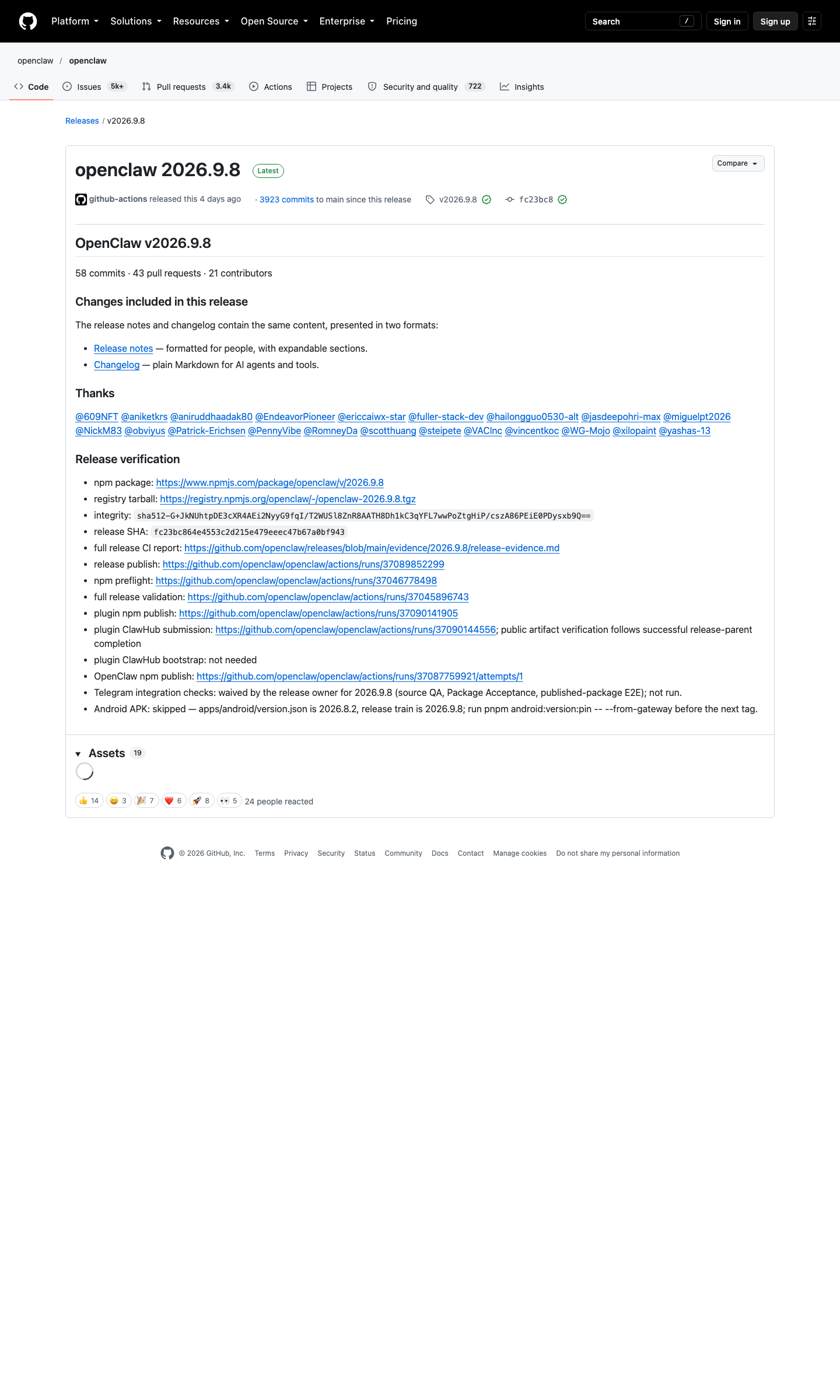 OpenClaw v2026.9.8 GitHub release 页截图（1440×2400，含 release-publication 注释、贡献者列表与 5 类 CI 证据链接）
