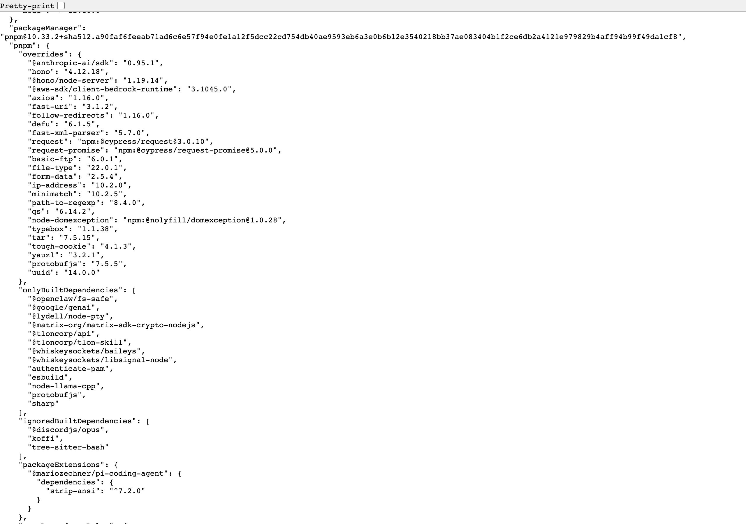 openclaw 2026.5.10-beta.2 的 package.json，pnpm.overrides 区块