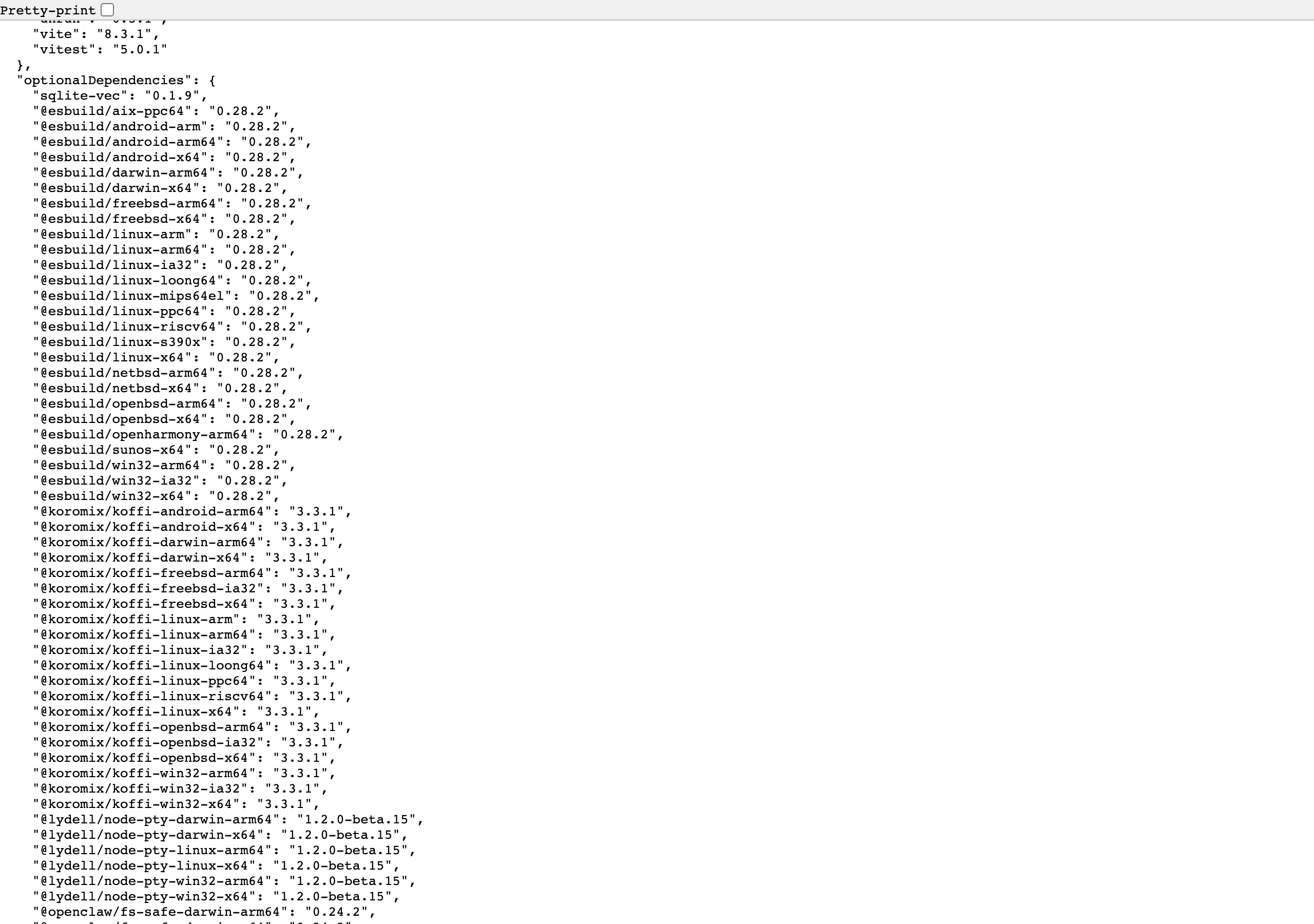 openclaw 2026.10.4 的 package.json，同一位置已无 overrides 与 packageManager