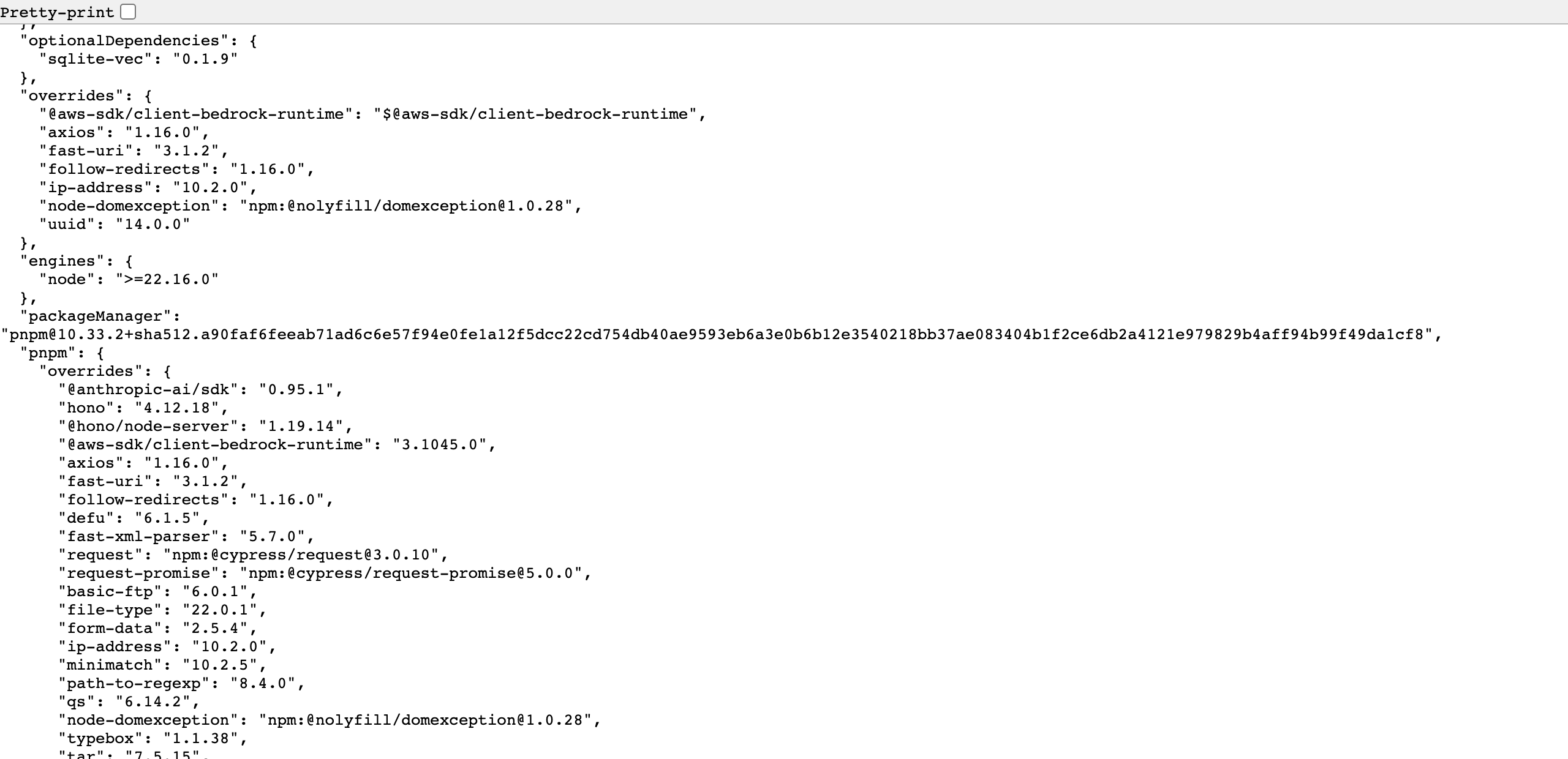 openclaw 2026.5.10-beta.2 的 package.json，顶层 overrides 与 packageManager 并存