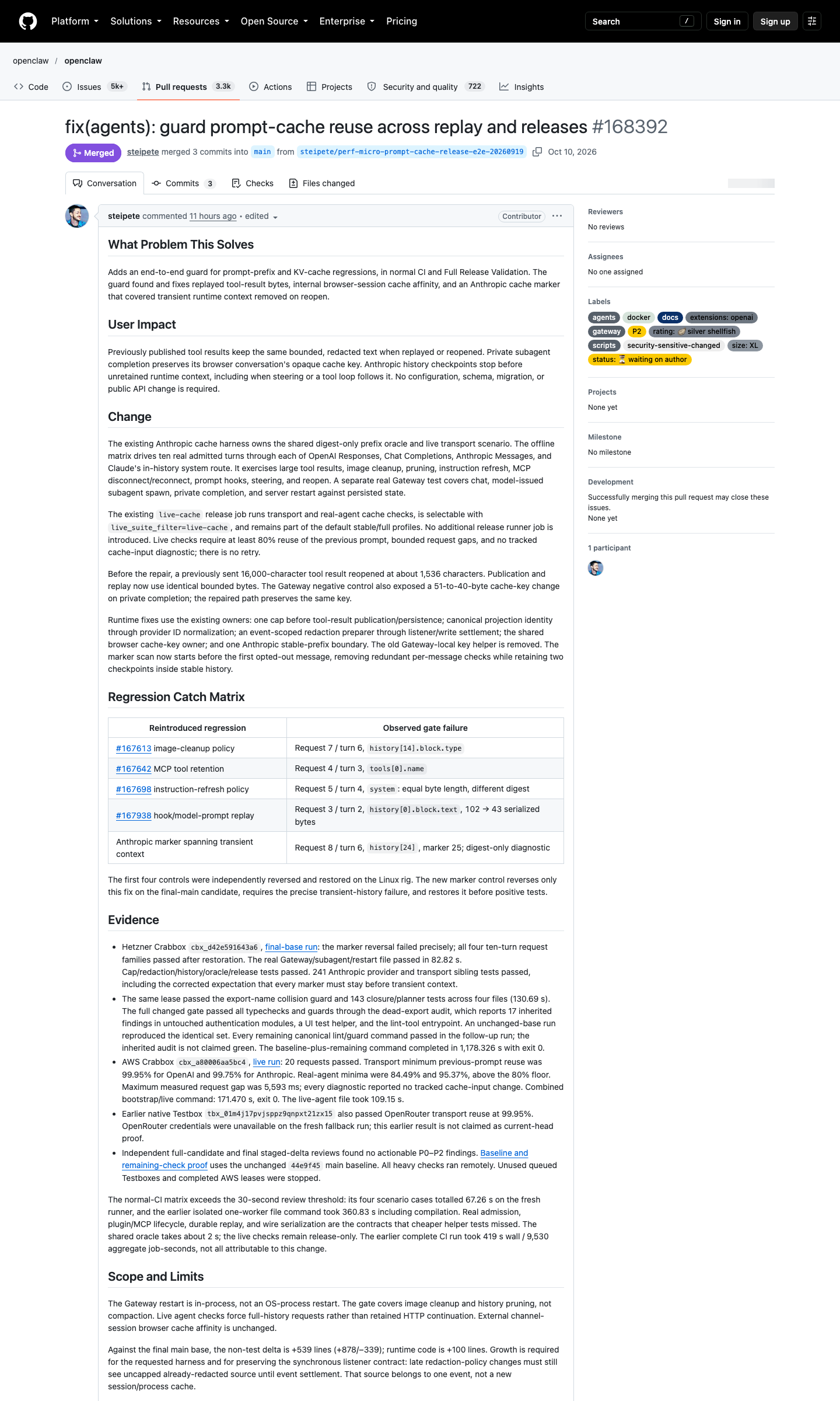 PR #168392 fix(agents) guard prompt-cache reuse across replay and releases 详情页截图,2026-10-10 Chrome headless 实拍