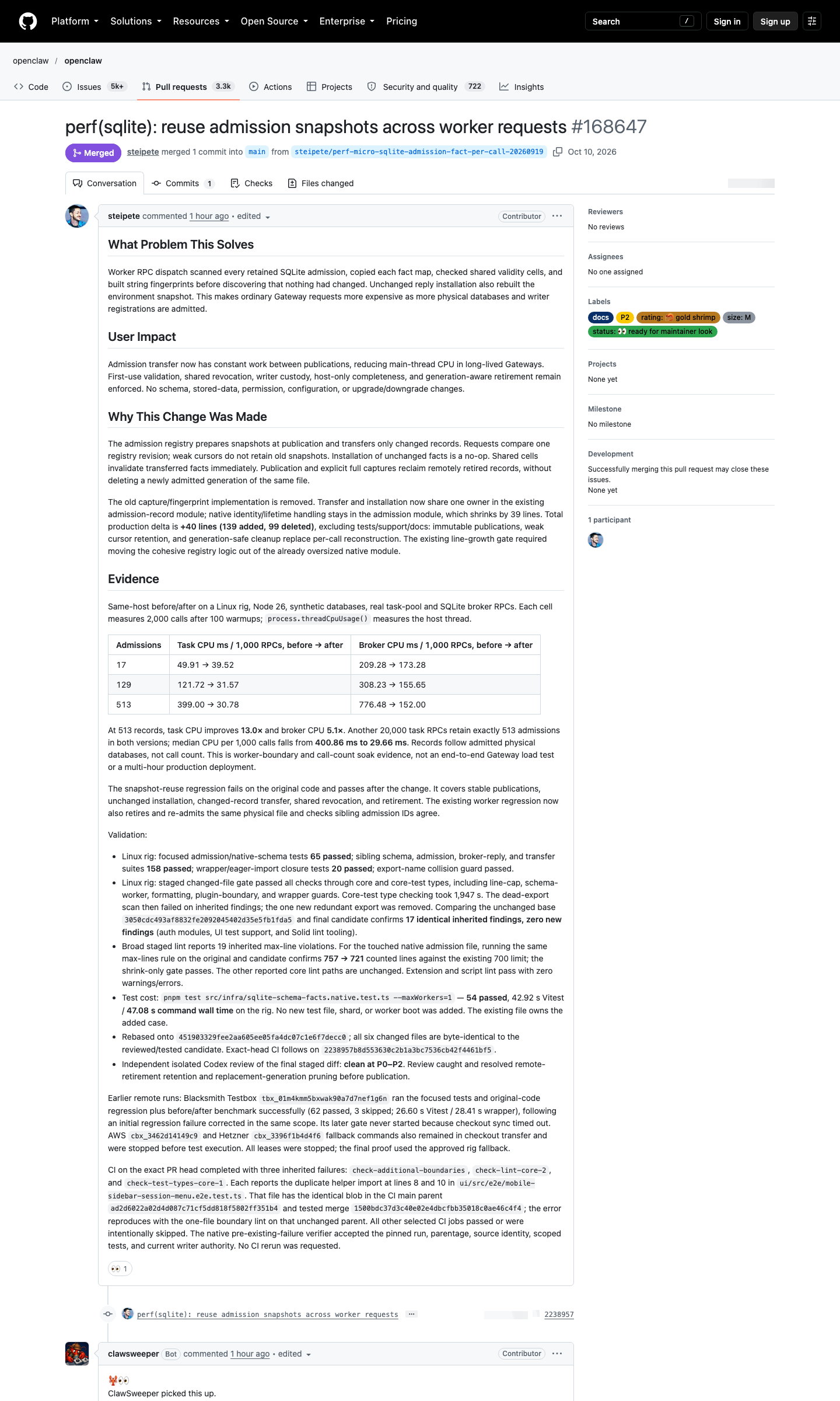PR #168647 SQLite admission snapshot reuse 详情页截图,2026-10-10 Chrome headless 实拍