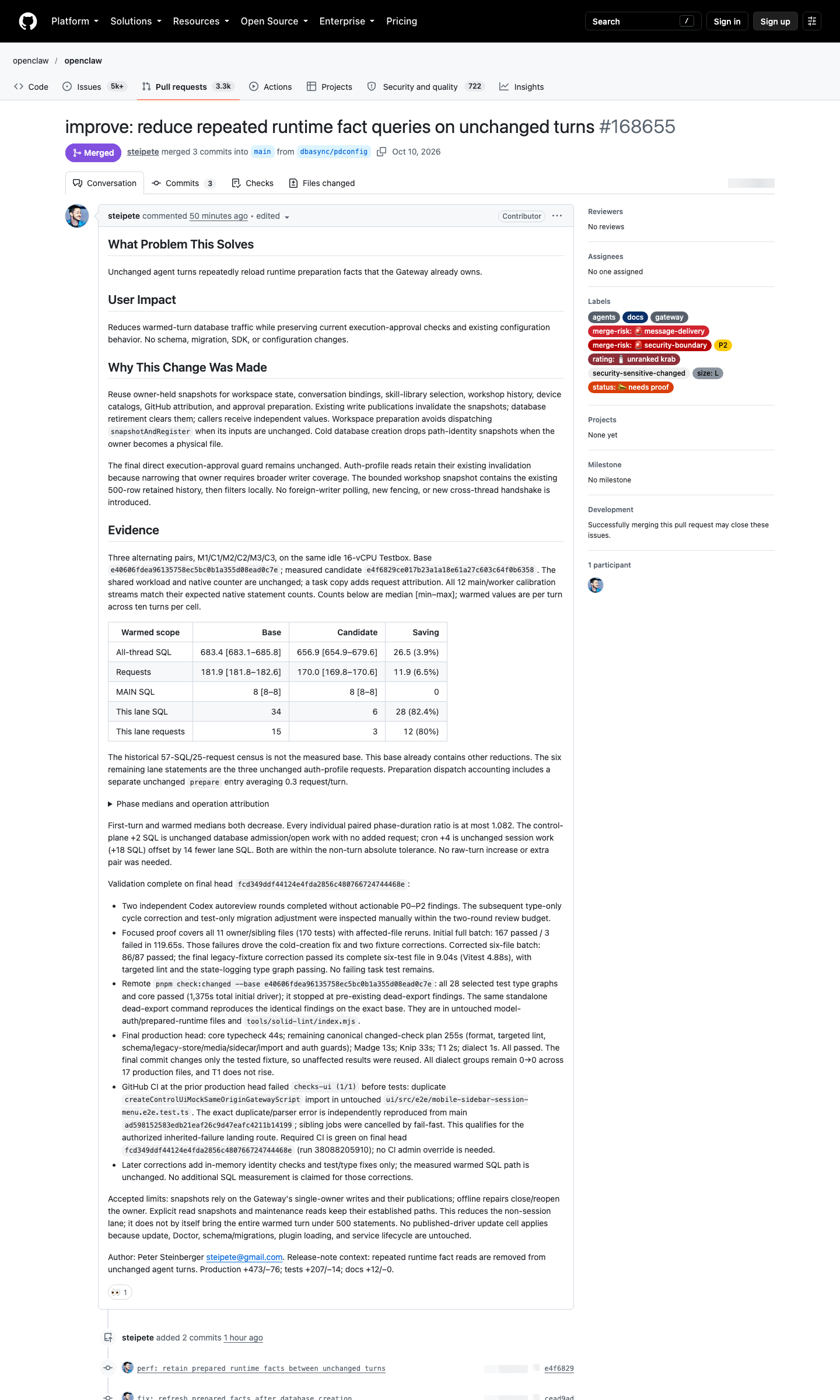 PR #168655 improve reduce repeated runtime fact queries on unchanged turns 详情页截图,2026-10-10 Chrome headless 实拍