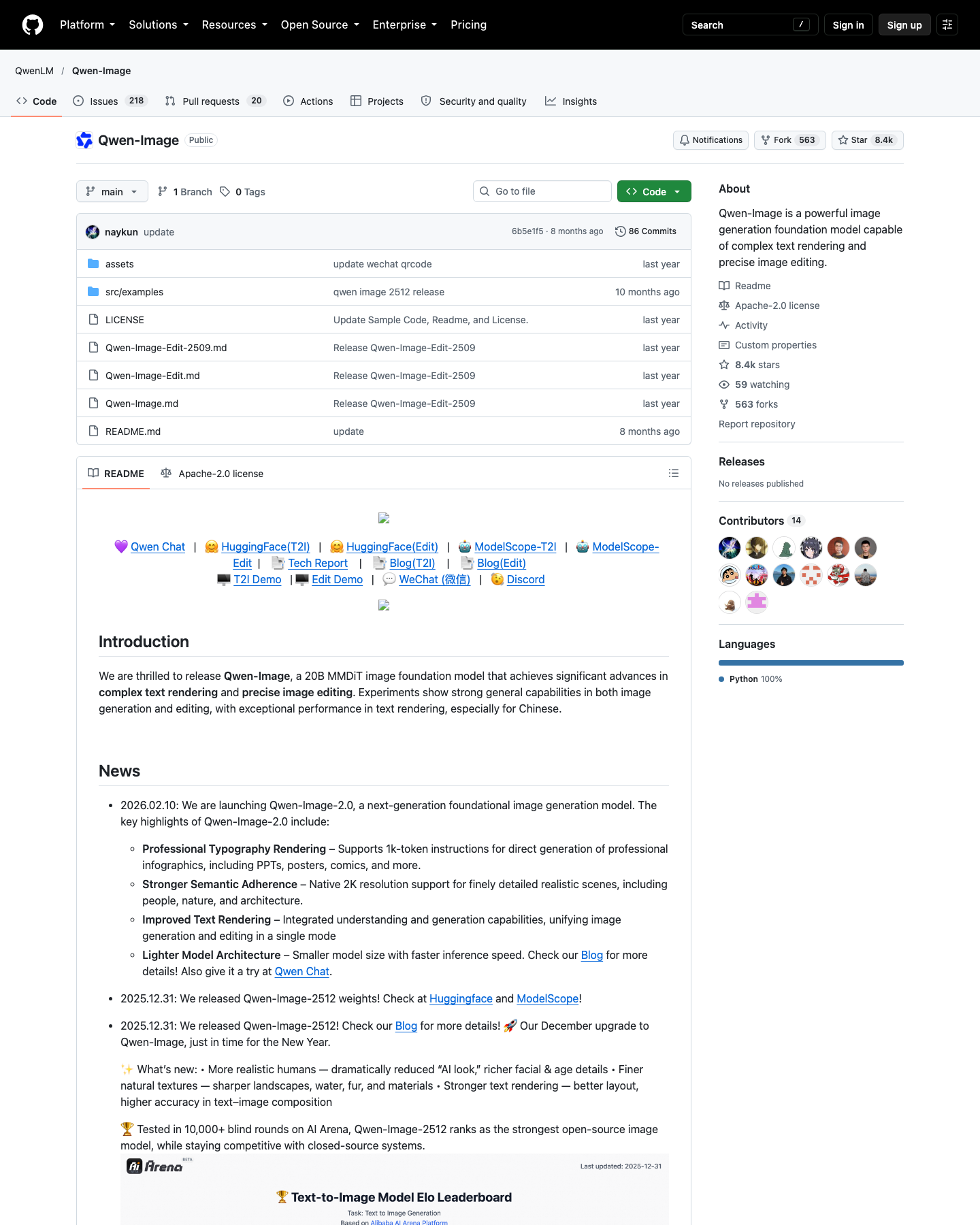 Qwen-Image 在 GitHub 公开仓库的首页截图（QwenLM/Qwen-Image，2026-10-10 12:06 Asia/Shanghai 1440×1800 抓取），可见 8.4k star、Apache-2.0、Introduction 中 20B MMDIT 与复杂文字渲染、精确编辑的描述