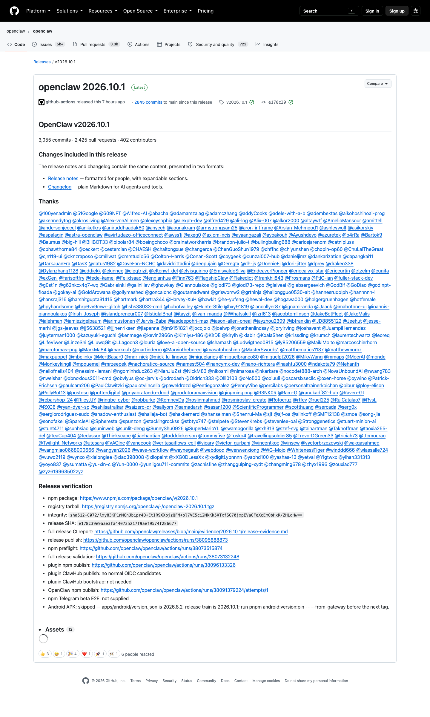 OpenClaw v2026.10.1 GitHub Releases 页（2026-10-11 15:03 Asia/Shanghai Chrome headless 实拍）