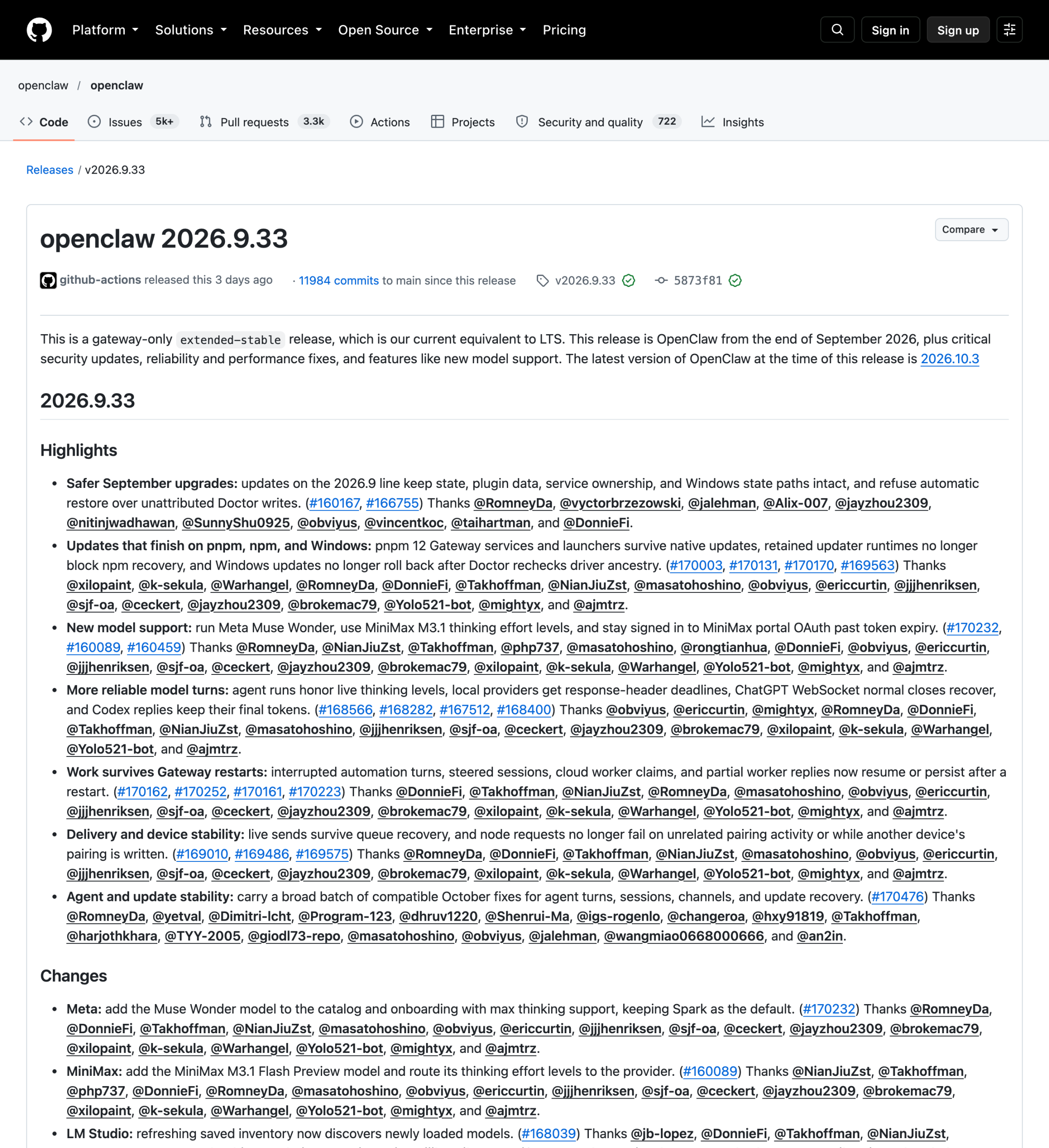 OpenClaw v2026.9.33 的 GitHub Release 页面，开头明确写着这是 gateway-only 的 extended-stable 发布，即官方当前的 LTS 等价版本