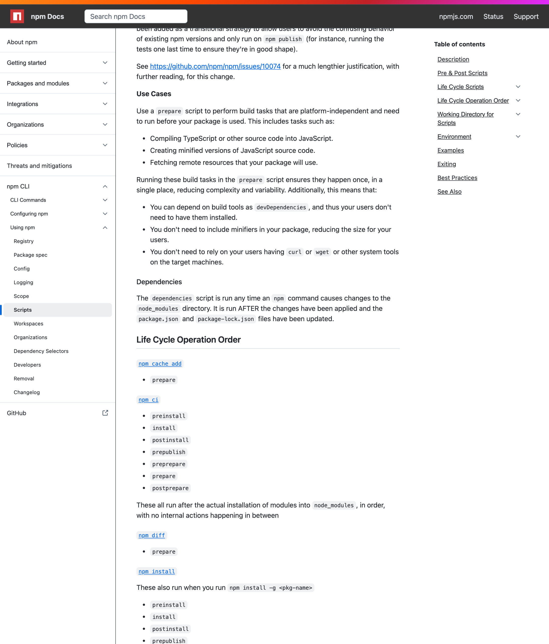 npm 官方文档：life cycle 操作顺序，preinstall / install / postinstall 在安装时按序执行
