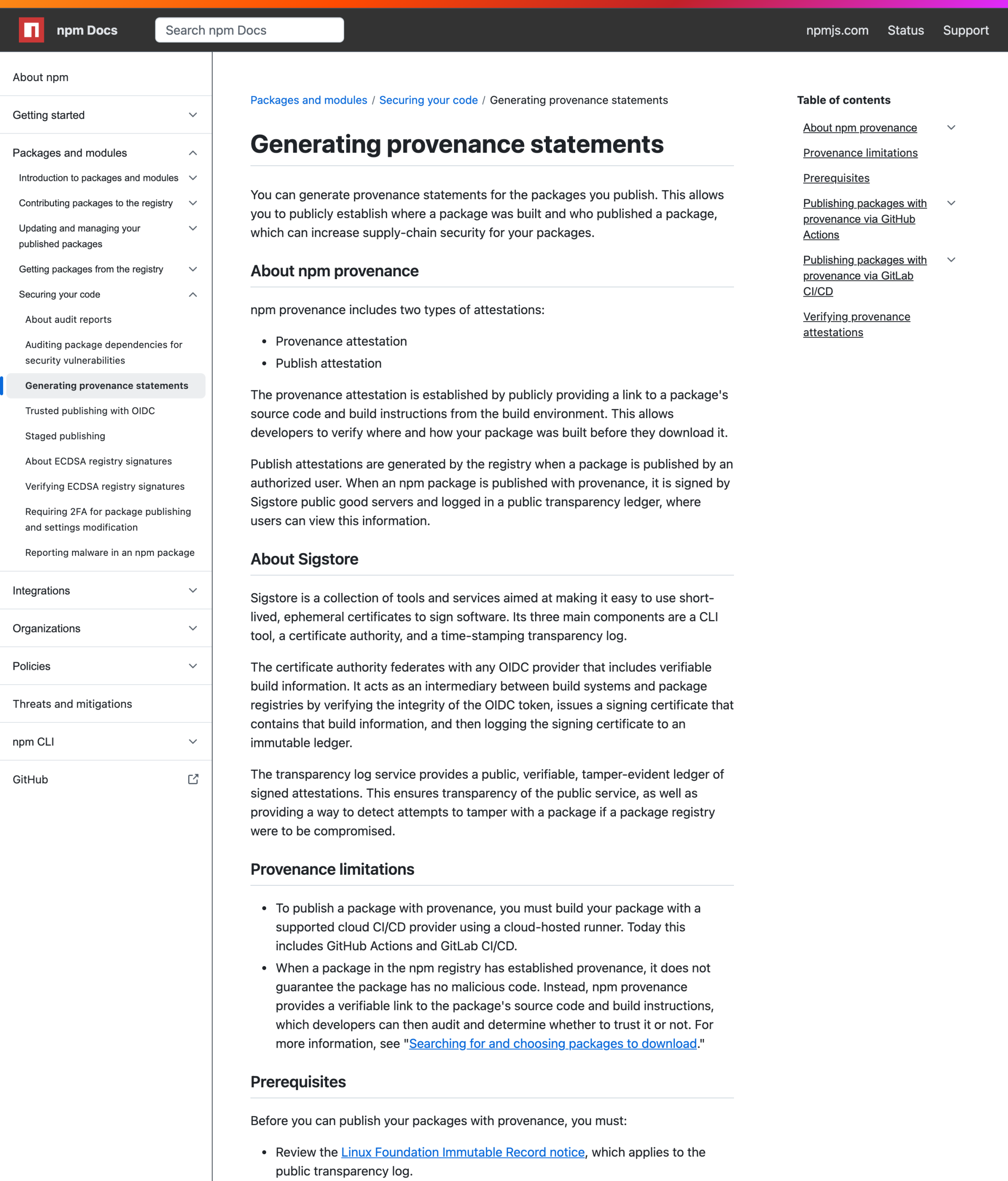 npm 官方文档：provenance 的两类证明，以及「有 provenance 不代表包不是恶意的」这一限制