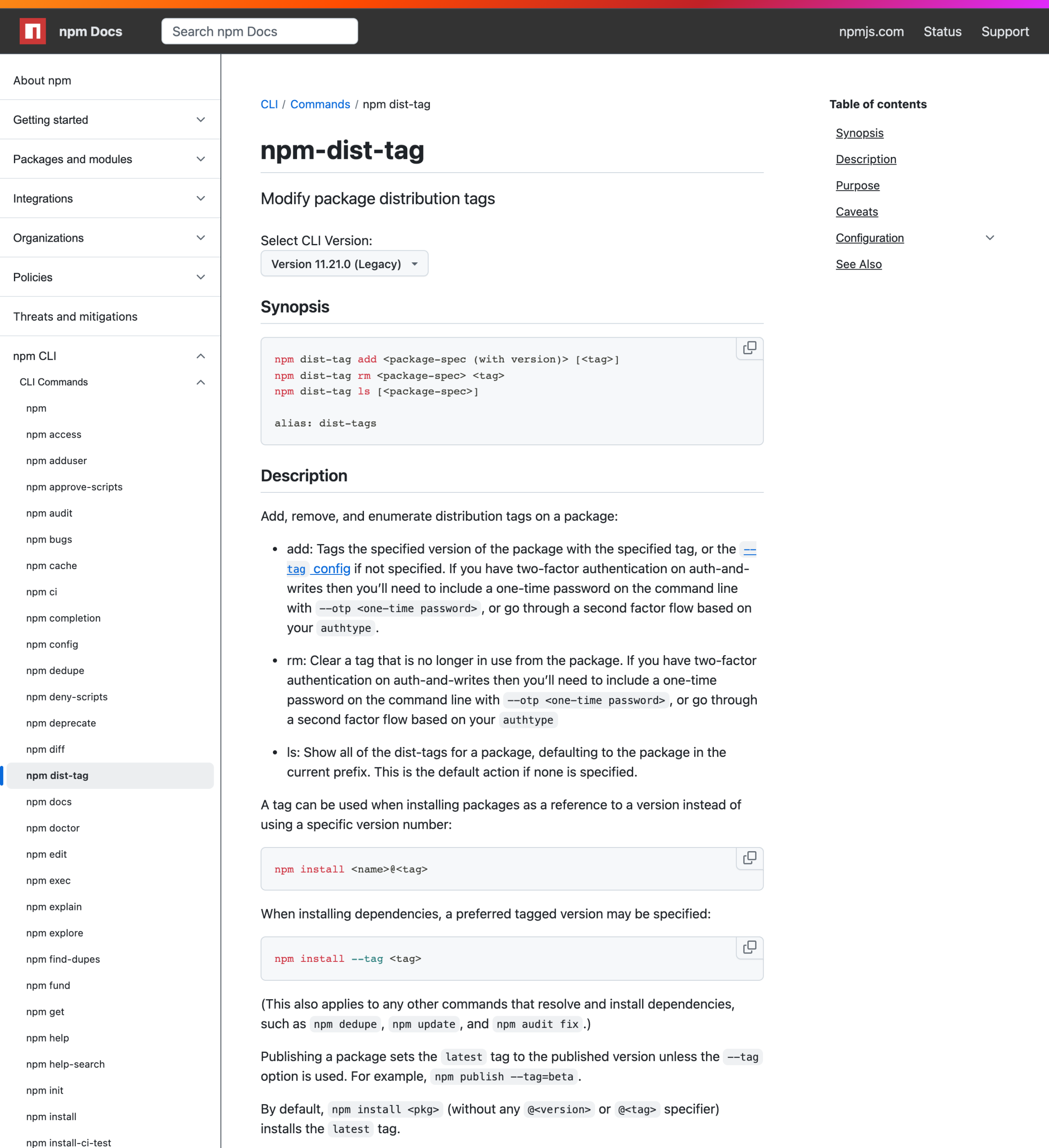 npm 官方文档对 dist-tag 的定义：dist-tag 是指向某个版本的可移动引用，npm install 不带版本号时默认安装 latest 标签指向的版本