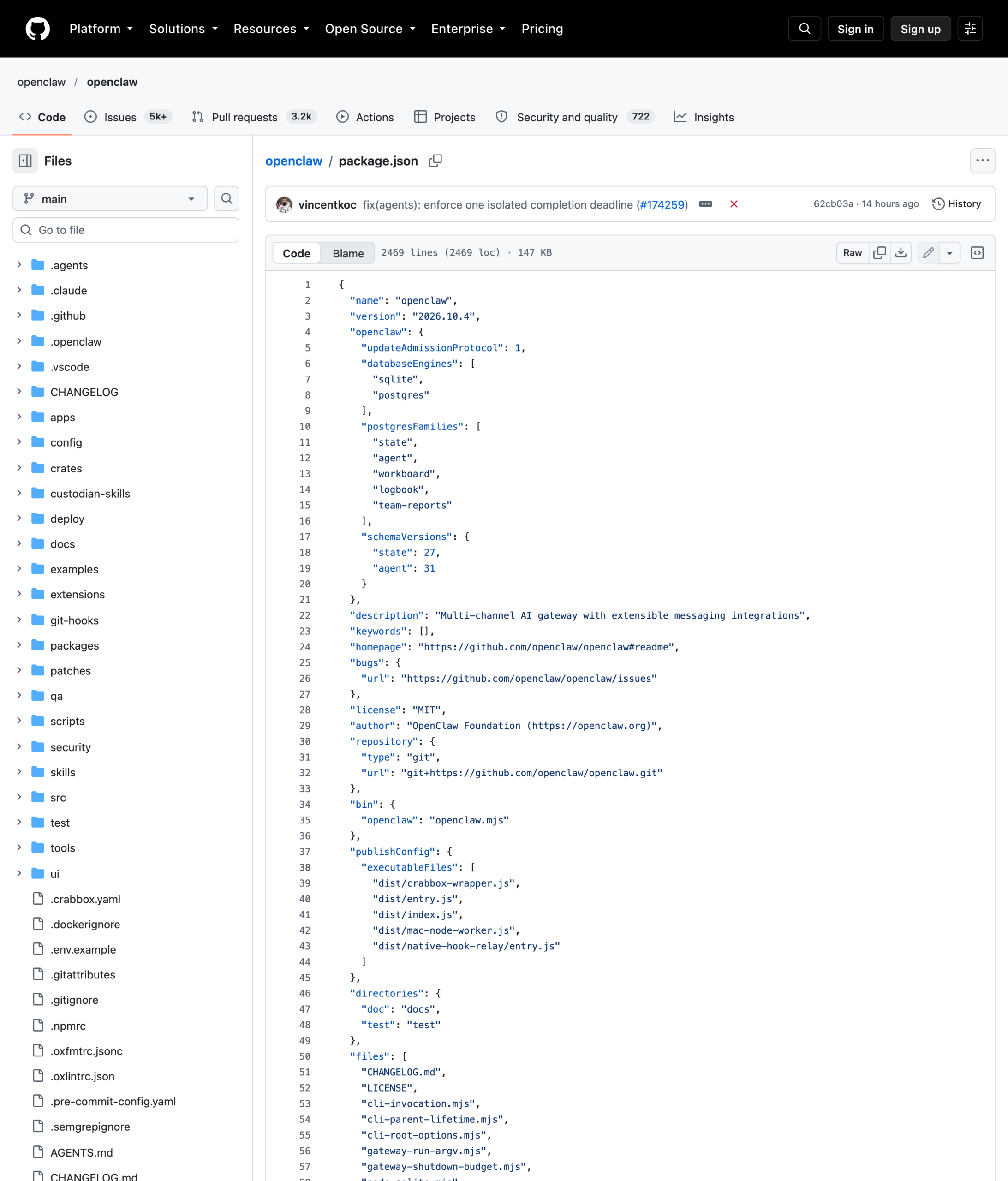 OpenClaw 仓库的 package.json 原文页面