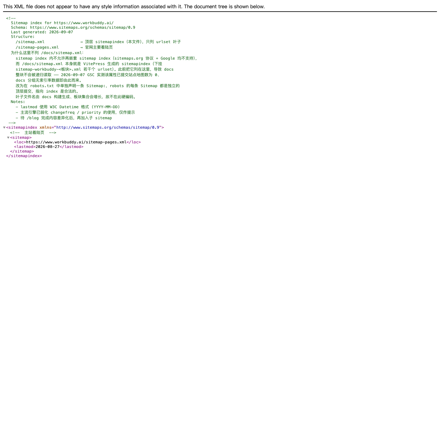 WorkBuddy sitemap.xml 头部注释:记录 2026-09-07 因 sitemap index 嵌套导致整个文档站不被递归读取的收录事故